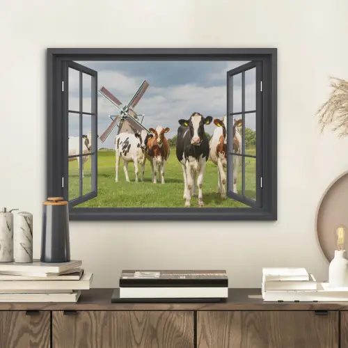 Doorkijk - Koe - Molen - Koeien - Weiland - Gras - Groen PET vilt klein -sfeer1