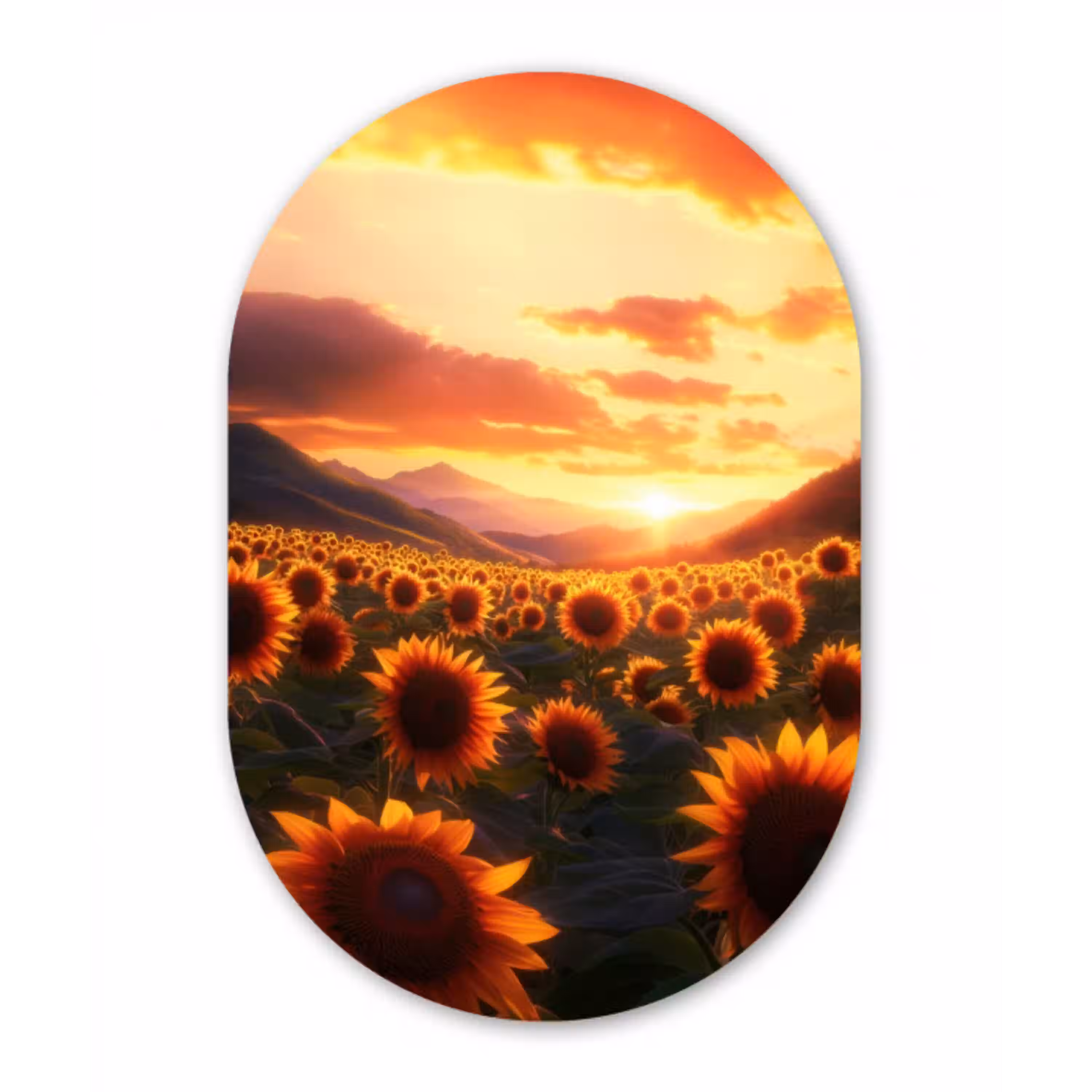 Zonnebloemen - Zonsondergang - Landschap Wandcirkel Ovaal Glas middel -3d