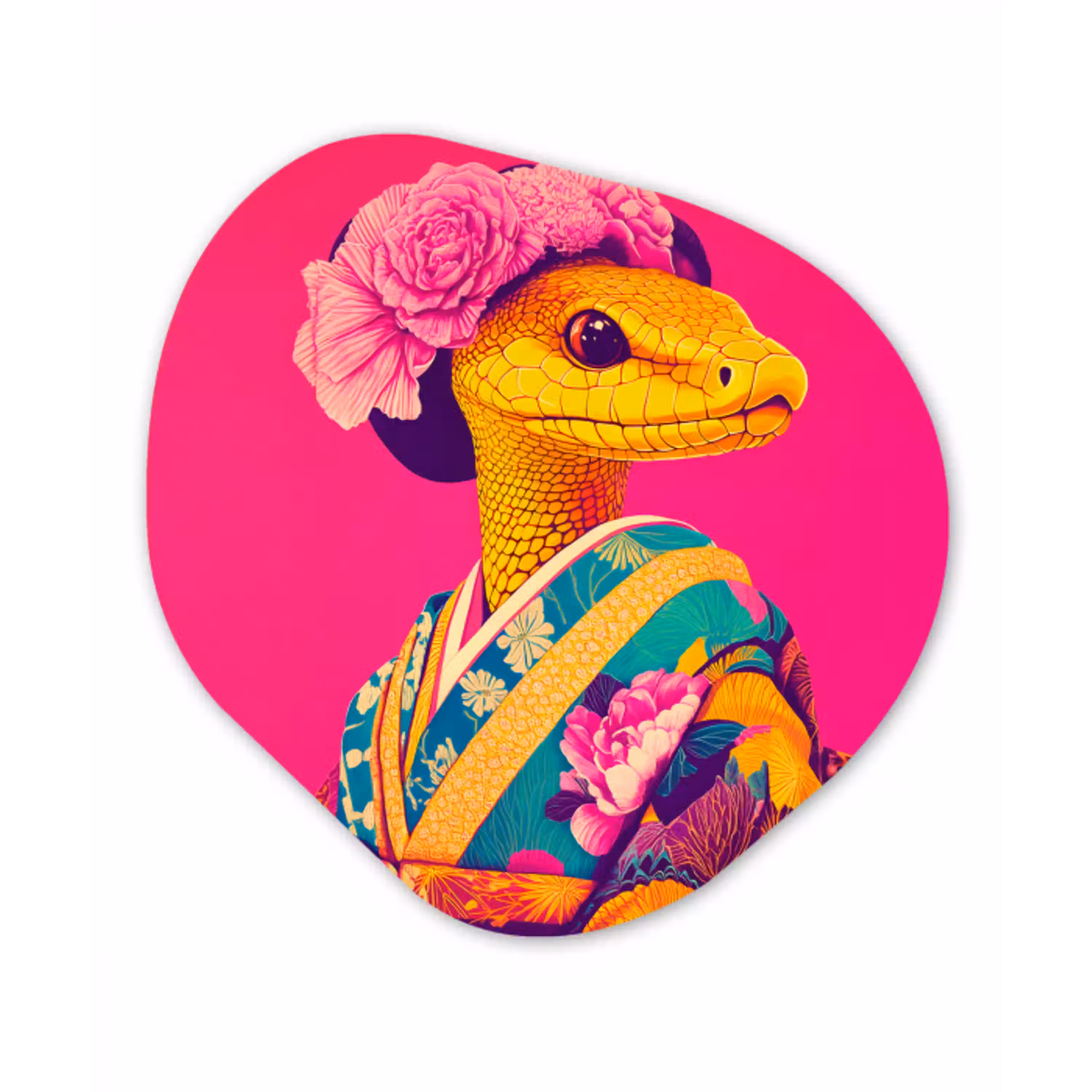 Hagedis - Bloemen - Roze - Kimono Wandcirkel Organisch Aluminium middel -3d