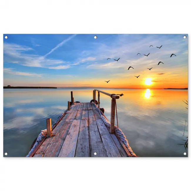Gartenposter - Wasser - Steg - Vögel - Sonnenuntergang - Horizont