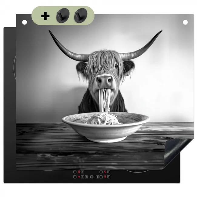 Induction Hob Cover & Splashback (2-in-1) - Scottish Highlander - Spaghetti - Animals - Black and white