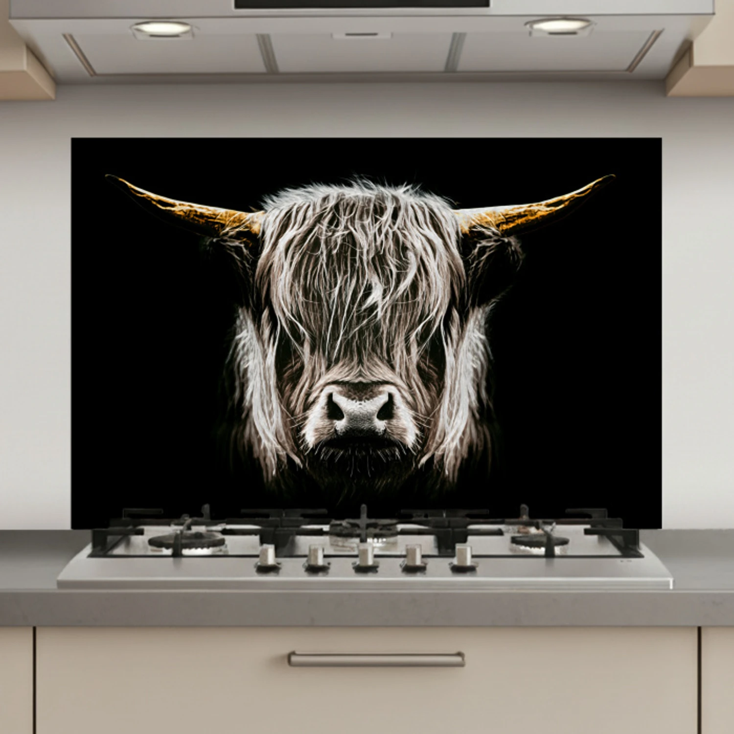 Schotse hooglander - Goud - Hoorns - Zwart wit - Koe - Dieren keuken achterwand spatscherm klein -3d_website