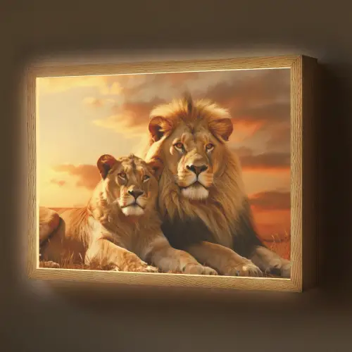Leeuwen - Zonsondergang - Afrika - Savanne - Dieren Light Box met batterij (Wandlamp) middel -z3d_website
