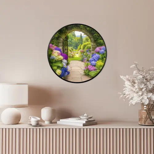 Doorkijk - Poort - Hortensia - Bloementuin Fotolijst rond zonder passe partout klein -sfeer3