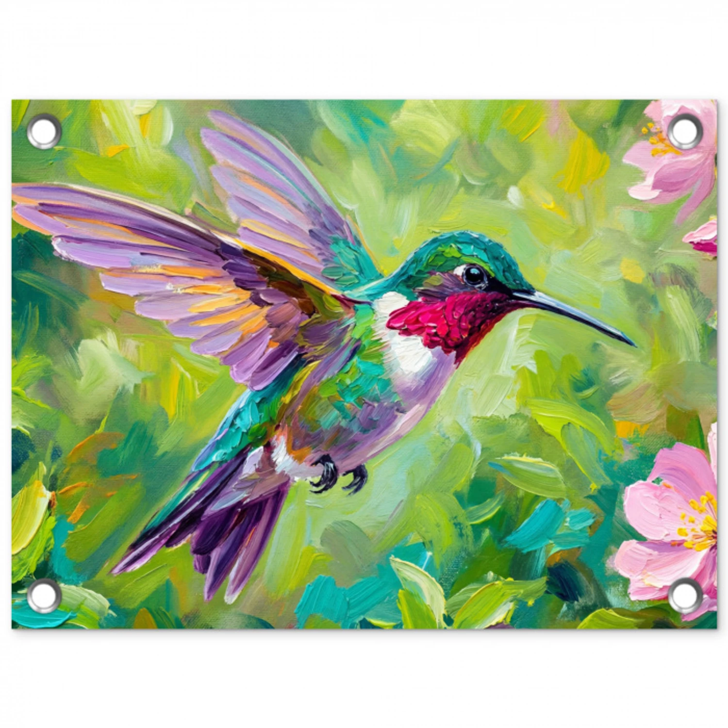Kolibrie - Bloemen - Natuur - Kleurrijk tuinposter los doek klein -3d