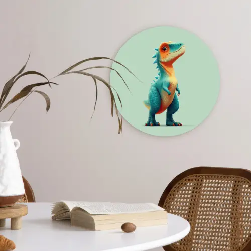 Cartoon - Dino - Oranje - Stekels Wandcirkel kunststof plaat 5mm dik klein -sfeer4