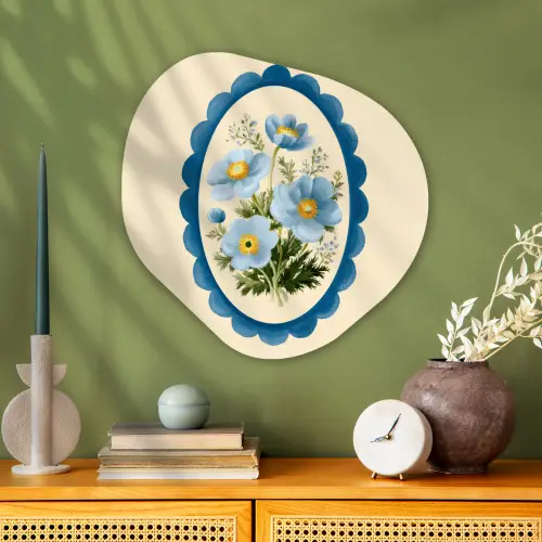 Lijst - Bloemen - Lichtblauw - Illustratie Wandcirkel Organisch Plexiglas middel -sfeer2