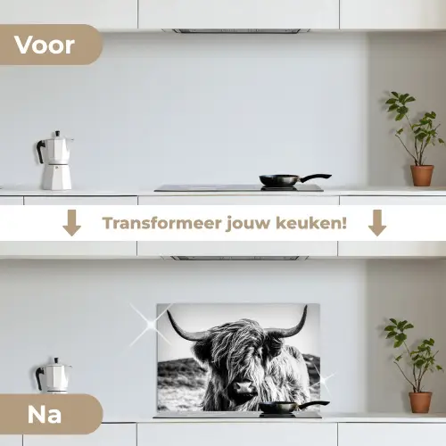 Schotse hooglander - Natuur - Koe - Zwart - Wit keuken achterwand spatscherm klein -voor_na_NL