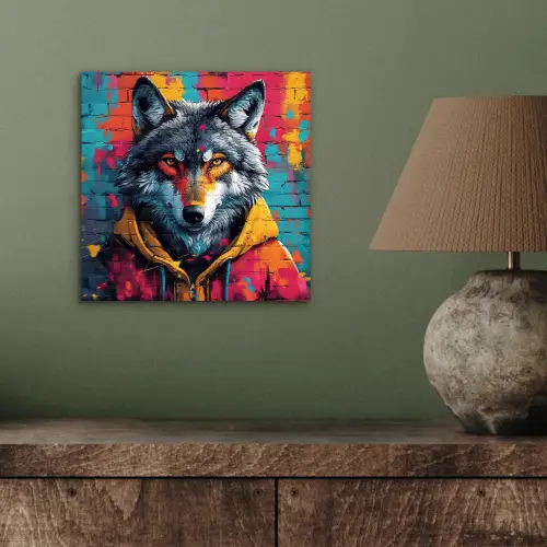 Graffiti - Wolf - Street art - Blauw aluminium wit klein -sfeer2