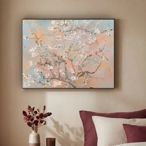 Amandelbloesem - Kunst - Van Gogh - Pastel Textielframe - compleet frame klein -sfeer1