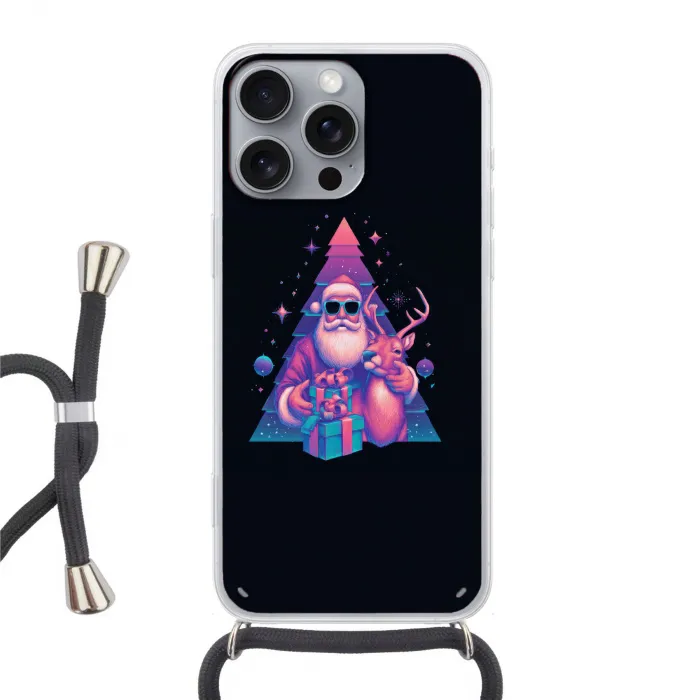 Retro - Kerstman - Rendieren - Kerstboom Hoesje iPhone 16 Pro Max met koord klein -3d