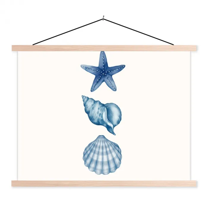 Zeester - Schelpen - Blauw textielposter latten blank klein -3d