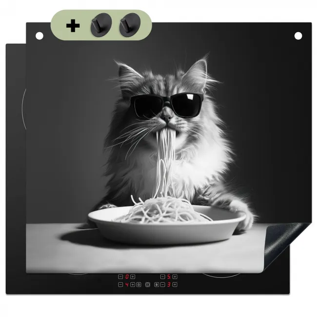 Inductiebeschermer & spatscherm (2in1) - Langharige kat - Zonnebril - Spaghetti - Humor - Zwart - wit