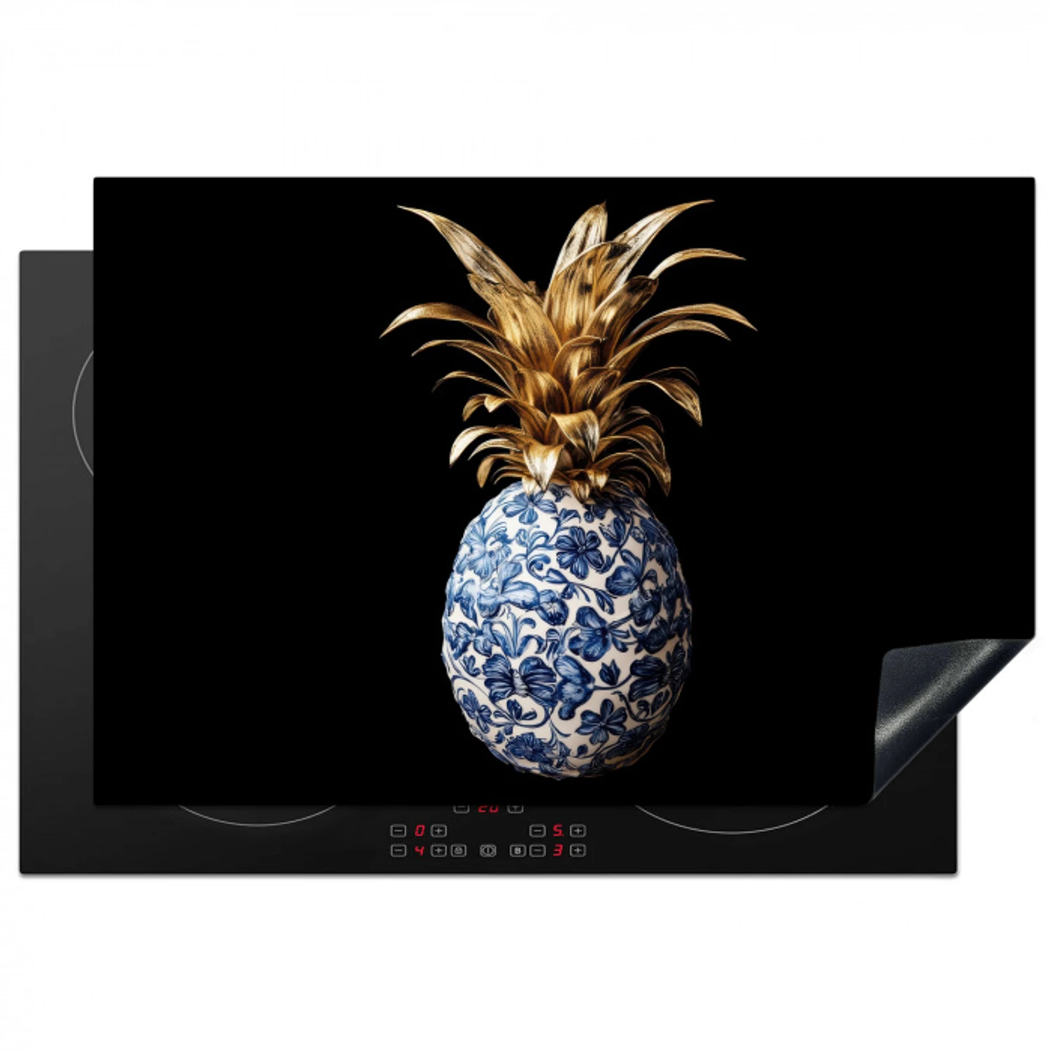 Ananas - Bloemen patroon - Goud - Delftsblauw Inductie beschermer vinyl 3mm klein -3d