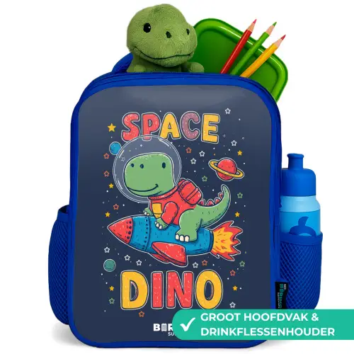 Dino - Groen - Raket - Sterren Kinderrugzak - Blauw middel -inhoud_NL