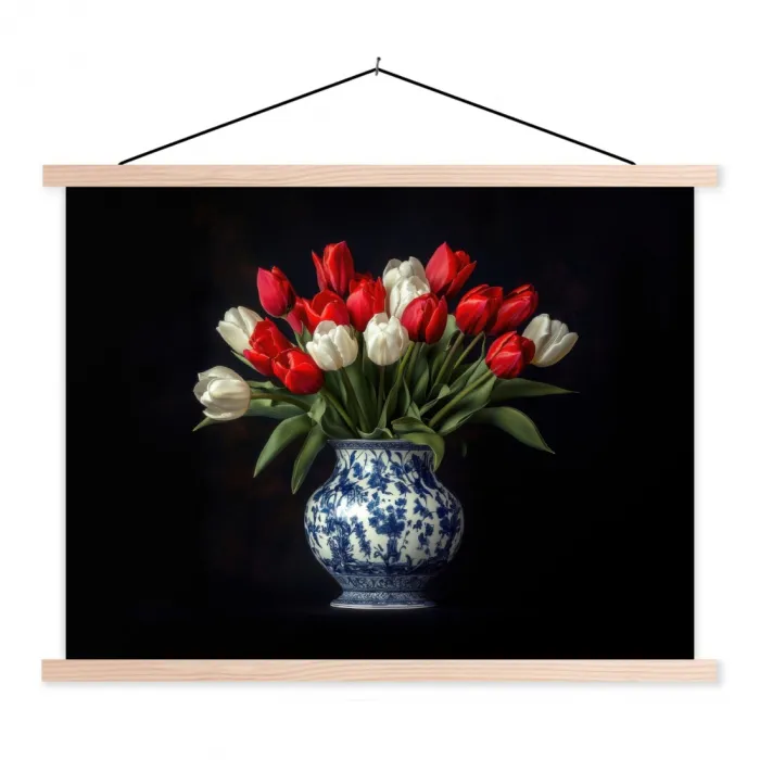 Rode - Bloemen - Tulpen - Vaas textielposter latten blank klein -3d