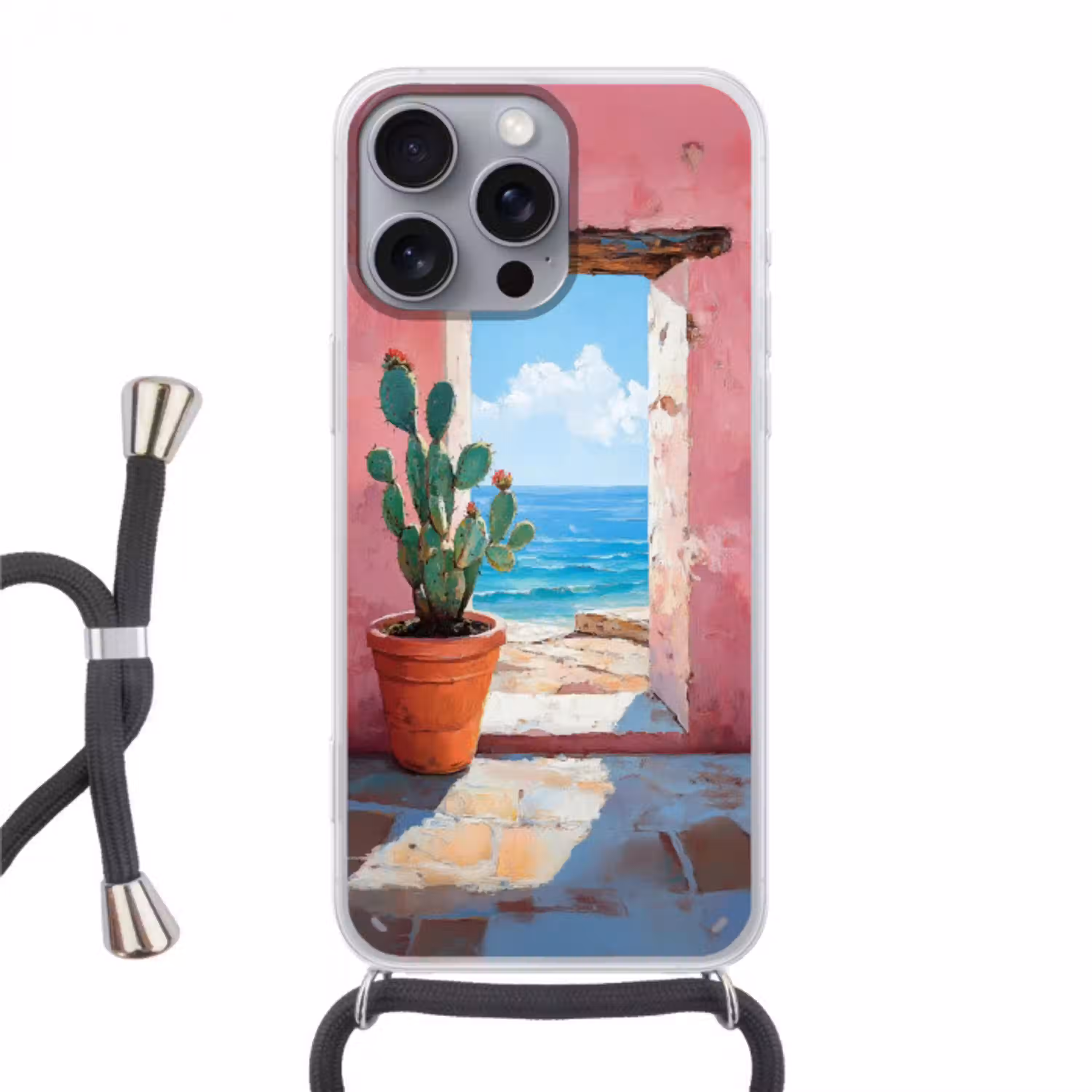 Zee - Roze - Cactus Hoesje iPhone 16 Pro Max met koord klein -3d