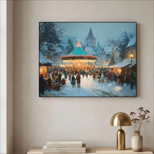 Winterkermis - Dorp - Kleurrijk Textielframe - compleet frame klein -sfeer2