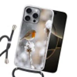 Roodborstje - Gedroogde bloem - Sneeuw - Winter - Vertederend Hoesje iPhone 16 Pro Max met koord klein -sfeer1