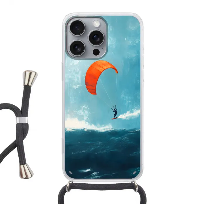 Kitesurfer - Oranje - Zee - Lucht Hoesje iPhone 16 Pro Max met koord klein -3d