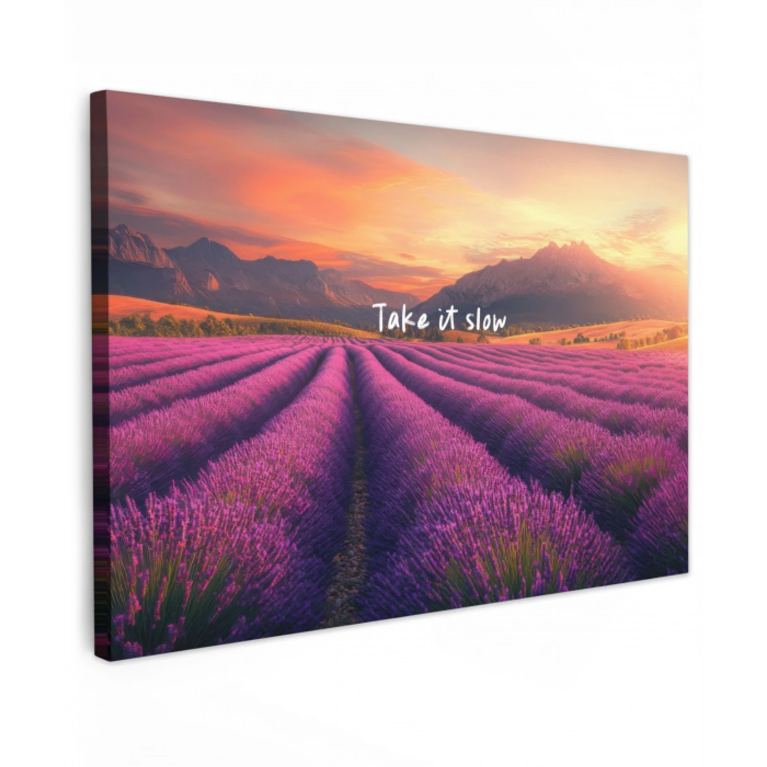 Lavendelveld - Quote - Zonsondergang Tuinposter op houten frame 2 cm dik klein -3d