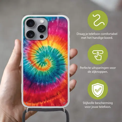 Regenboogkleuren - Tie dye - Hoesje iPhone 16 Pro Max met koord klein -sfeer2_NL