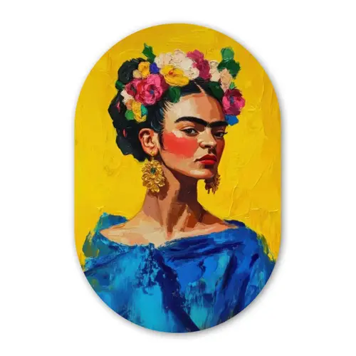 Frida Kahlo - Vrouw - Geel - Blauw - Bloemen Wandcirkel Ovaal Forex klein -3d