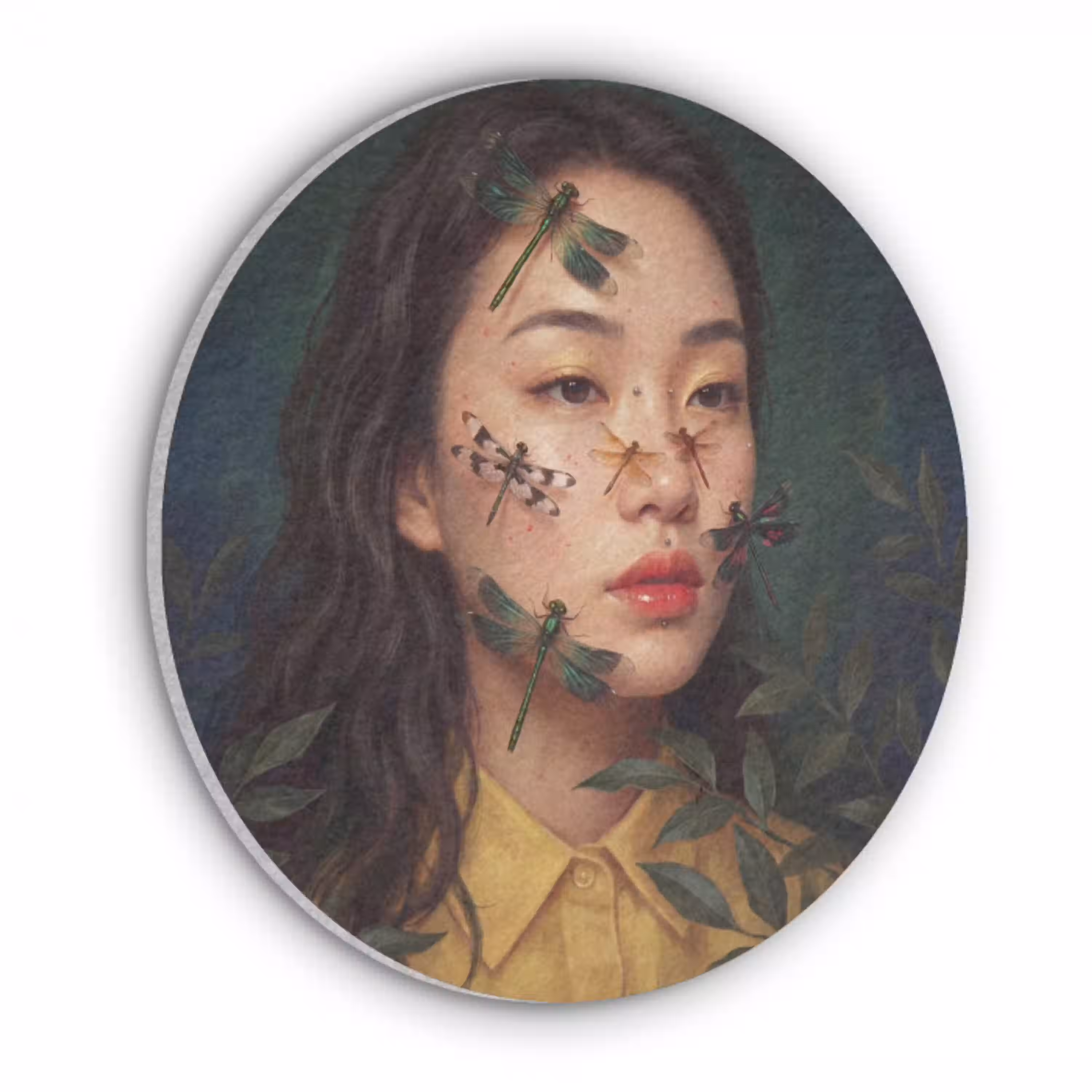 Vrouw - Insecten - Natuur - Portret - Groen Akoestische PET Vilt - Rond klein -3d