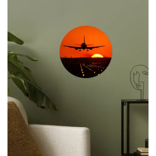 Zonsondergang - Vliegtuig - Oranje - Zon Wandcirkel behangsticker klein -sfeer2