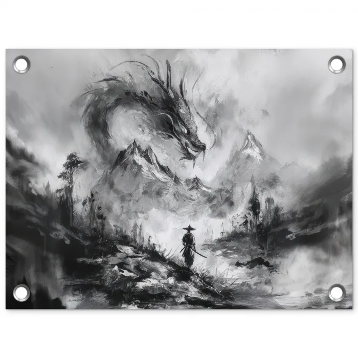 Krijger - Draak - Grijs tuinposter los doek klein -3d