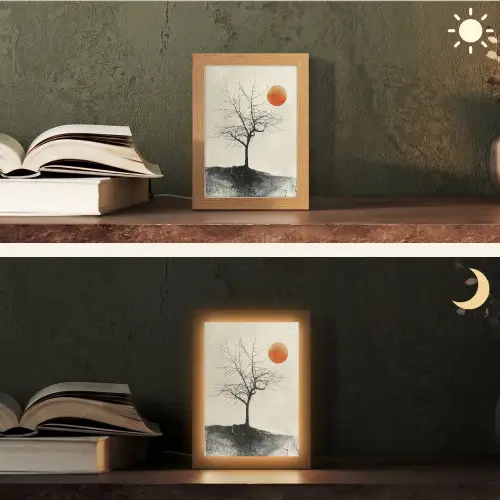 Boom - Zon - Modern - Landschap Light Box met kabel (Tafellamp) klein -sfeer3