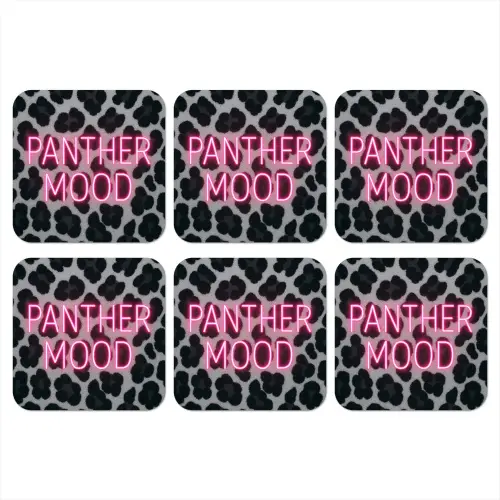 Panterprint - Zwart - Neonletters - Roze onderzetter kurk middel -3d