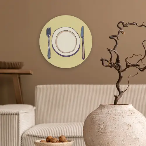 Illustratie - Bord - Bestek - Beige Wandcirkel plexiglas klein -sfeer1