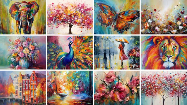 Verschillende voorbeelden van canvas schilderijen uit de 'Kleurrijk' collectie.