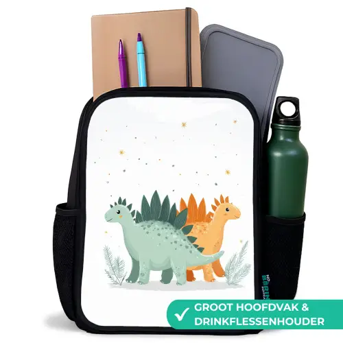 Planten - Sterren - Dinosaurussen - Oranje Rugzak - Zwart middel -inhoud_NL