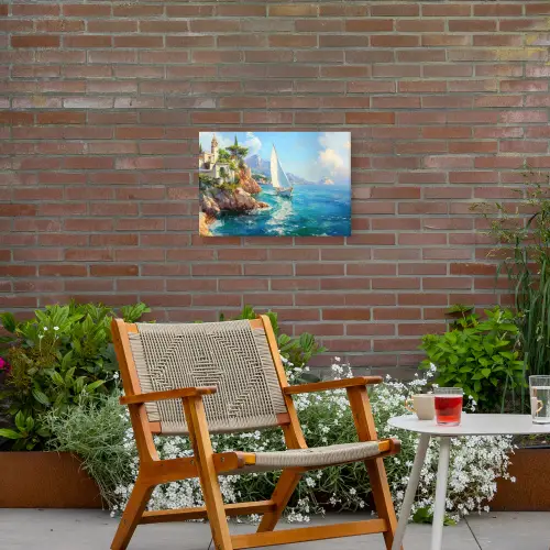 Zeilboot - Rotsen - Kust - Huizen Tuinposter op houten frame 2 cm dik klein -sfeer3