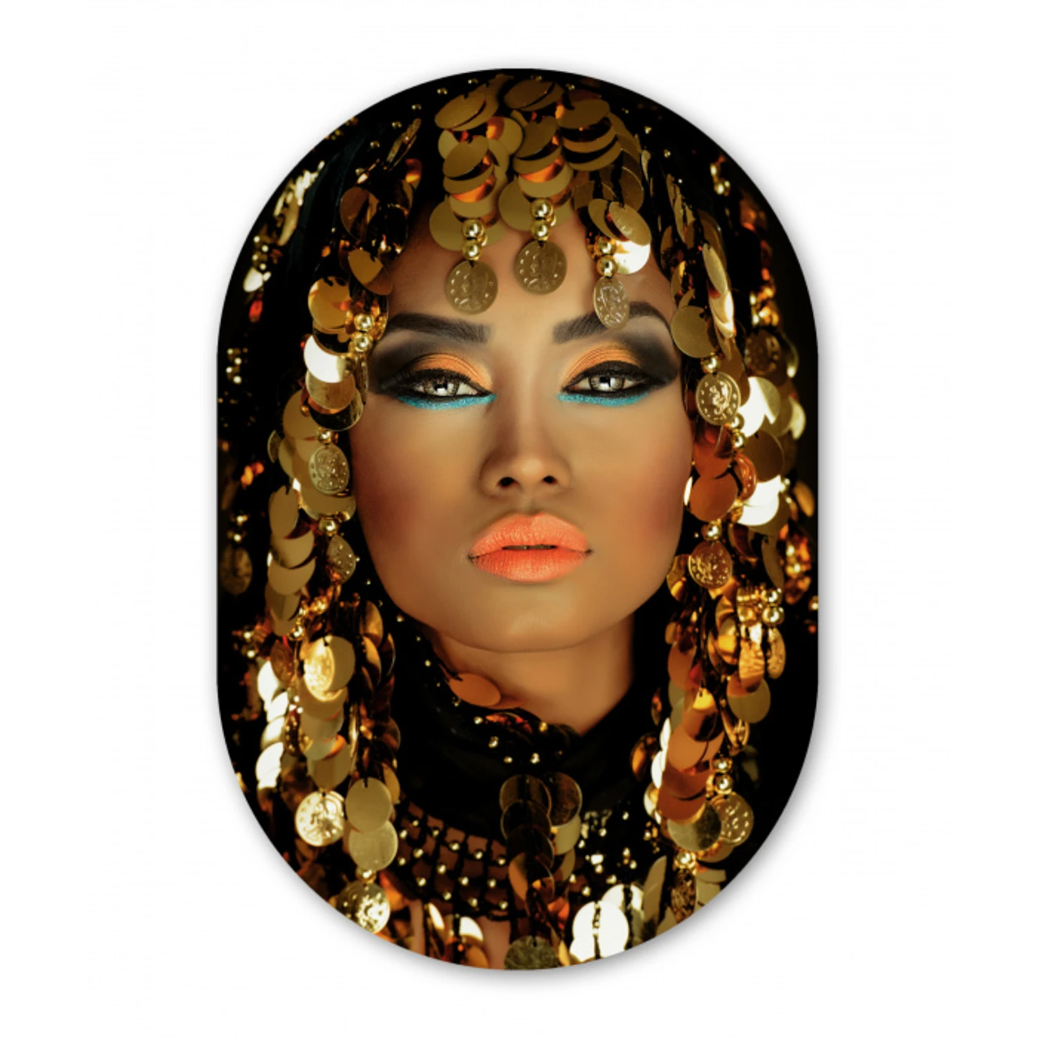 Vrouw - Cleopatra - Goud - Sieraden - Make up - Luxe Wandcirkel Ovaal Forex klein -3d