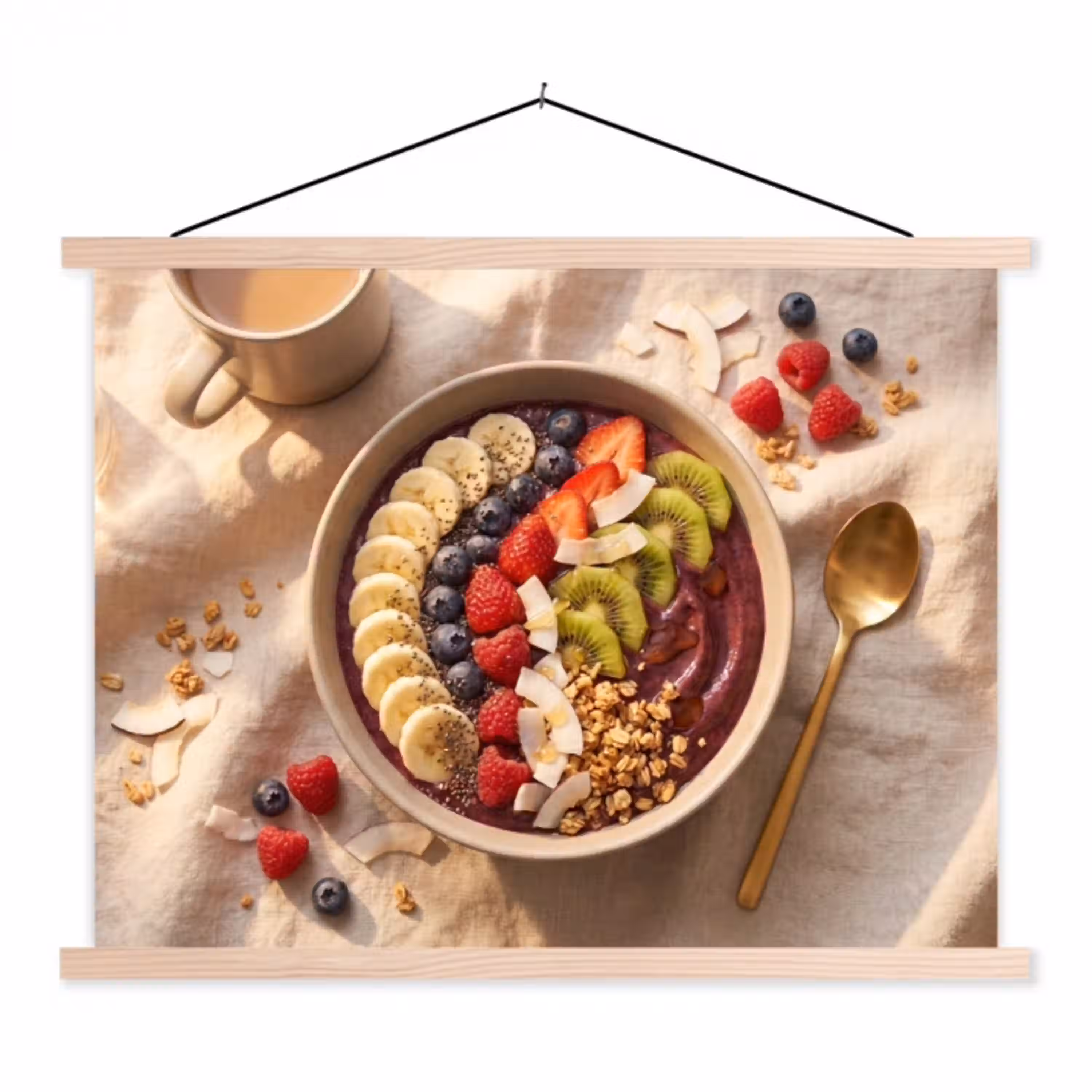Eten - Ontbijtkom - Fruit - Gezond - Kleurrijk textielposter latten blank klein -3d