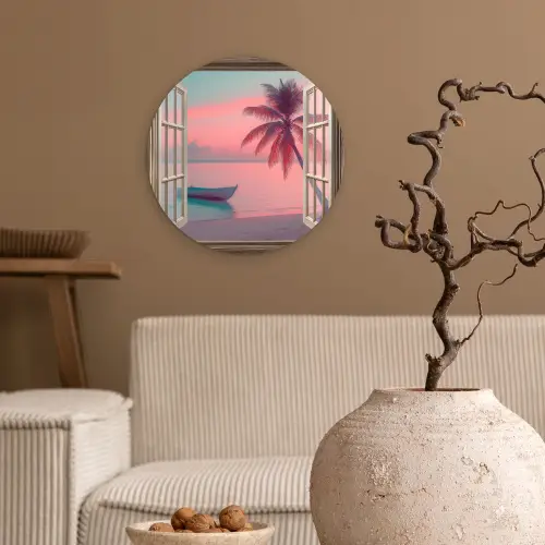 Doorkijk - Strand - Palmboom - Tropisch Wandcirkel plexiglas klein -sfeer1