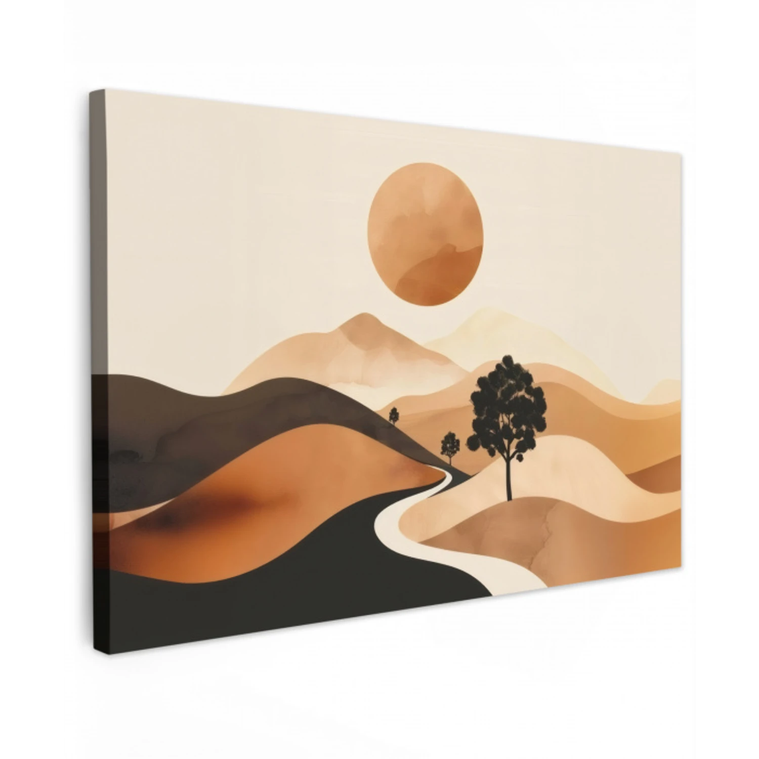 Zon - Heuvels - Boom - Abstract Tuinposter op houten frame 2 cm dik klein -3d