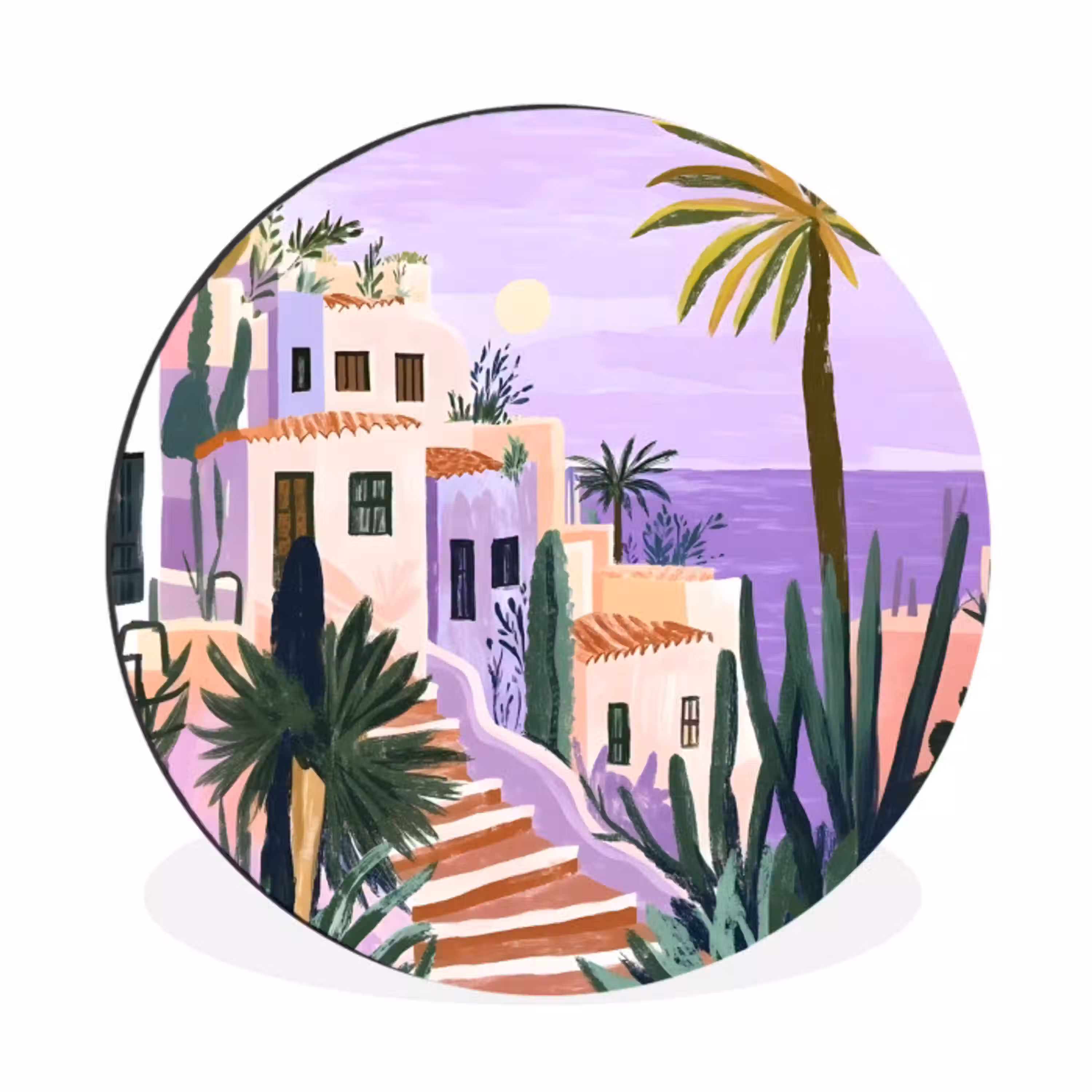 Huizen - Minimalistisch - Palmbomen - Kust Wandcirkel aluminium klein -3d