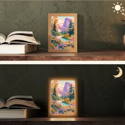 Rivier - Vallei vol bloemen - Levendig Light Box met kabel (Tafellamp) klein -sfeer3