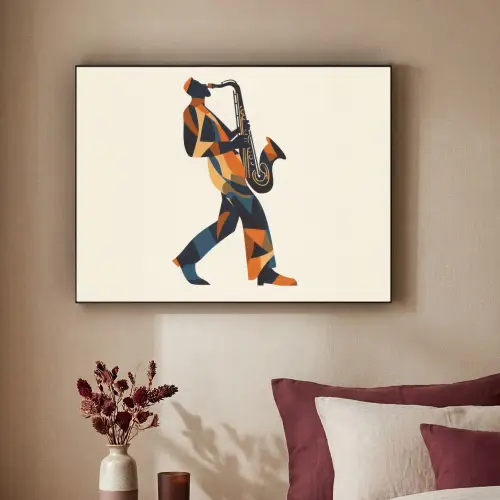 Saxofoon - Abstract - Persoon - Blauw Textielframe zwart klein -sfeer1