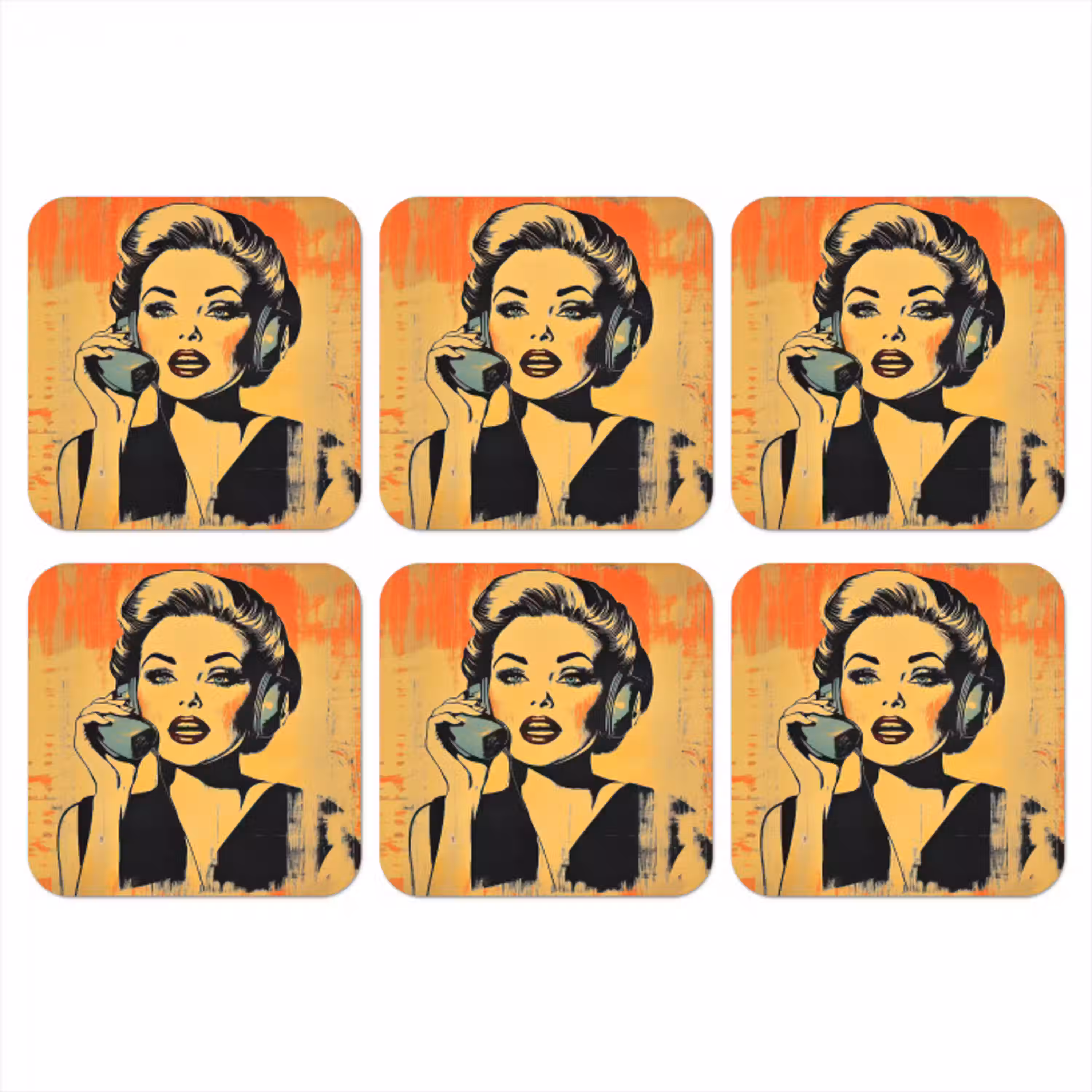 Retro - Vrouw - Koptelefoon - Oranje onderzetter kurk middel -3d