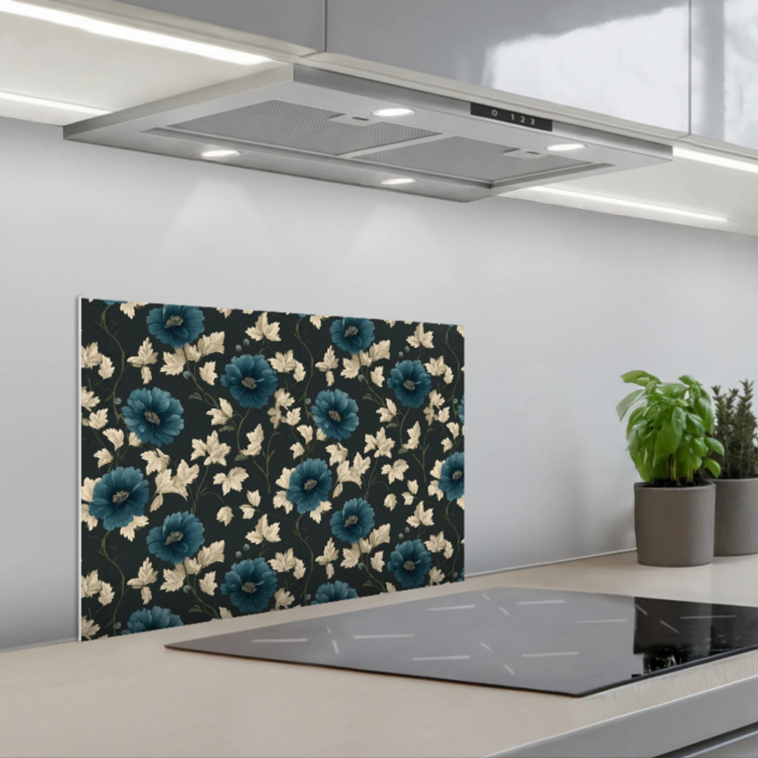 Kitchen splashback for hob - Botanical - Flowers - Blue | Kitchenyeah.co.uk