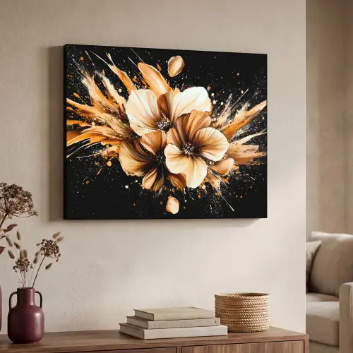 Bloemen - Goud - Graffiti - Zwart - Abstract Textielframe - compleet frame klein -sfeer3