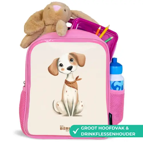 Bruin gevlekte pup op een beige achtergrond Kinderrugzak - Roze middel -inhoud_NL