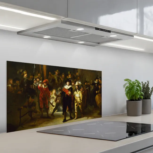 De Nachtwacht - Rembrandt van Rijn keuken achterwand spatscherm middel -3d_schuin