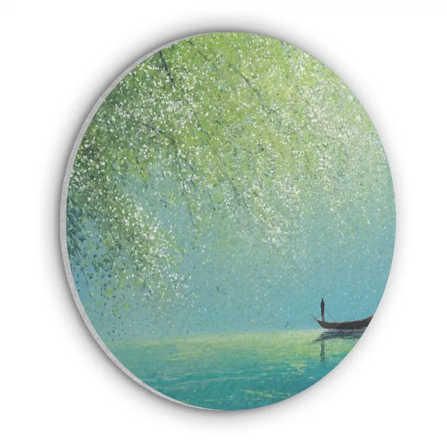 Akoestisch schilderij rond - Bootje - Water - Bladeren - Bloesems