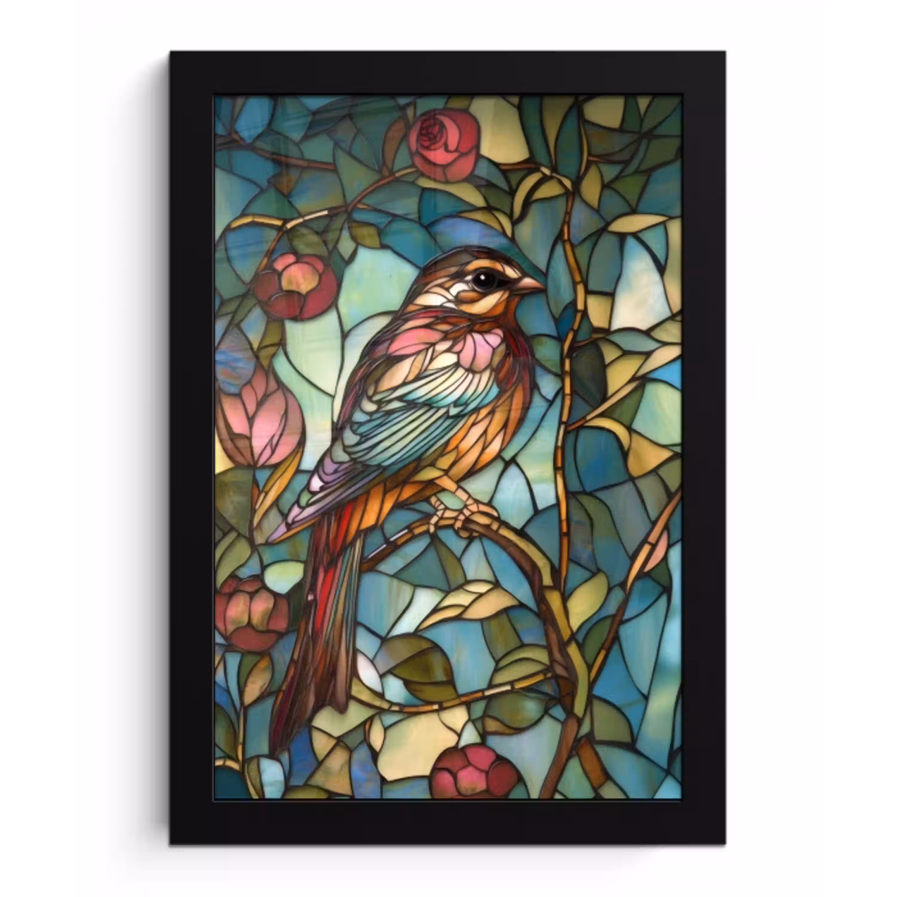 Vogel - Tak - Rozen - Mozaïek fotolijst zwart zonder passe partout klein -3d